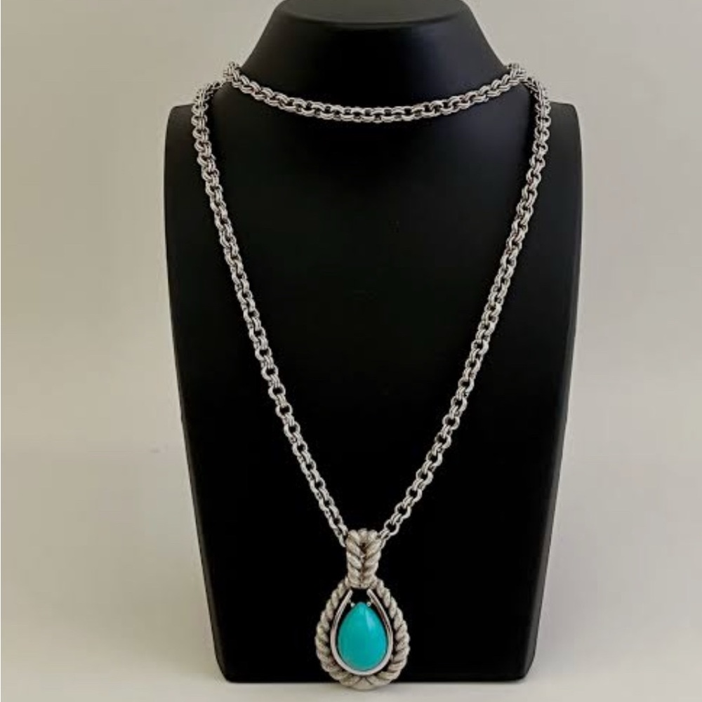 1972 Vintage Teardrop Avon Silver Necklace with Turquoise Pendant